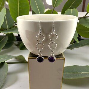 Hand Crafted Silver and Deep Purple Rain Flower Jade Earrings 925 Sterling Hooks